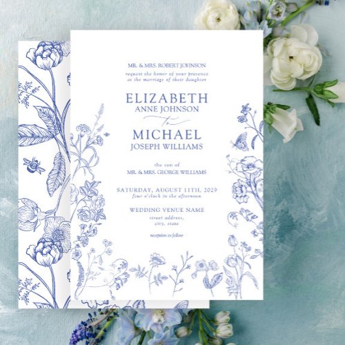 Classic Chinoiserie Blue Victorian Floral Wedding Invitation