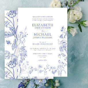 Classic Chinoiserie Blue Victorian Floral Wedding Invitation