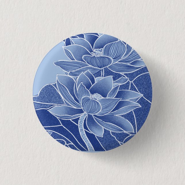 Classic Chinoiserie Chic Blue Lotus Flowers Button (Front)