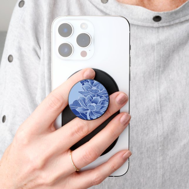Classic Chinoiserie Chic Blue Lotus Flowers PopSocket (Hand)