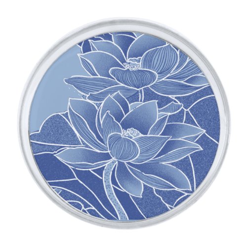 Classic Chinoiserie Chic Blue Lotus Flowers Silver Finish Lapel Pin