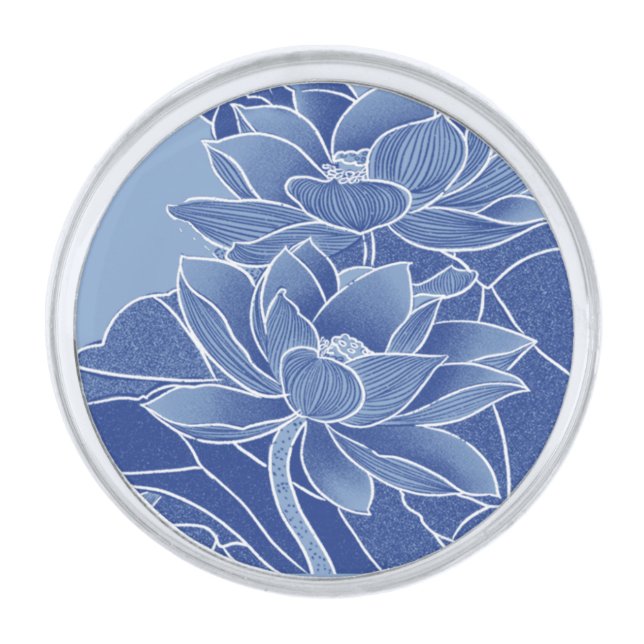 Classic Chinoiserie Chic Blue Lotus Flowers Silver Finish Lapel Pin (Front)