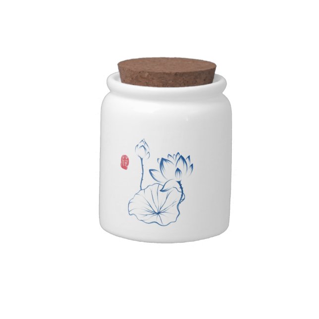 Classic Chinoiserie Lotus Flower Chinese Painting Candy Jar (Left)