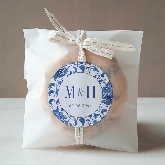 Classic Chinoiserie Monogram Wedding Favor Round Sticker (Elegant hand painted blue and white chinoiserie print background monogram wedding favor stickers)