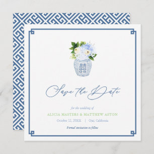 Classic Chinoiserie Navy Blue Green Spring Wedding Save The Date