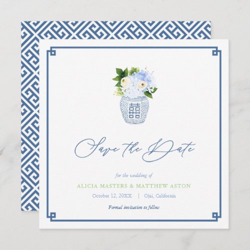 Classic Chinoiserie Navy Blue Green Spring Wedding Save The Date