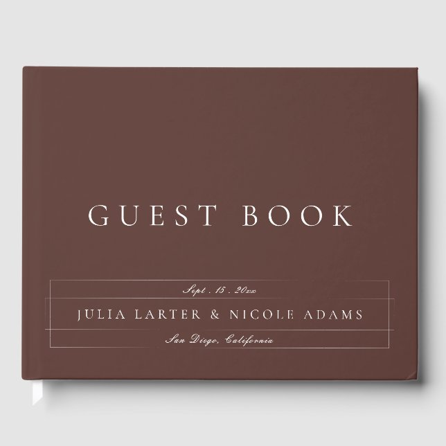 Classic Choco Brown Ivory Calligraphy Wedding Guest Book (Front)