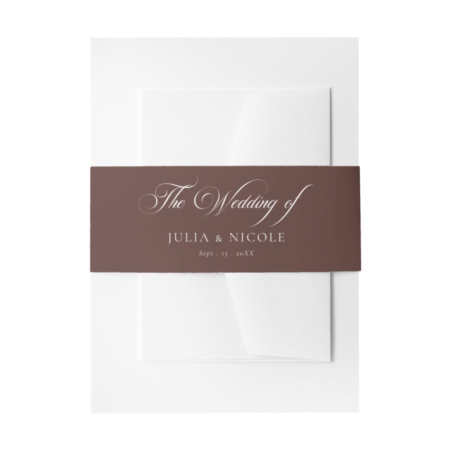 Classic Choco Brown Ivory Calligraphy Wedding Invitation Belly Band