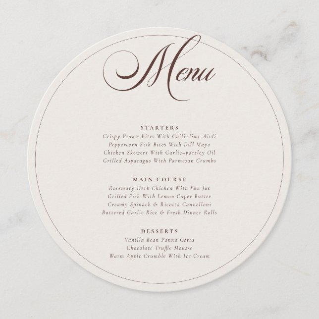 Classic Choco Brown Ivory Calligraphy Wedding Menu (Front)