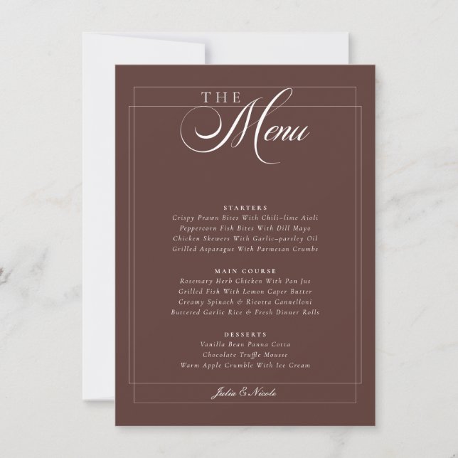 Classic Choco Brown Ivory Calligraphy Wedding Menu Invitation (Front)