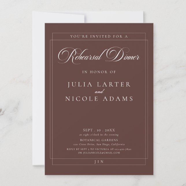 Classic Choco Ivory Calligraphy Rehearsal Dinner Invitation (Front)