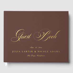 Classic Chocolate Brown Gold Calligraphy Wedding Foil Guest Book