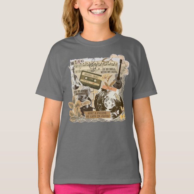 Classic Christian Hymns Songs Music Collage T-Shirt (Front)