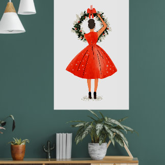 Classic Christmas Beauty in Red Dress Poster