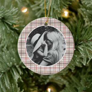 Classic Christmas Beige Plaid Photo Ceramic Ornament