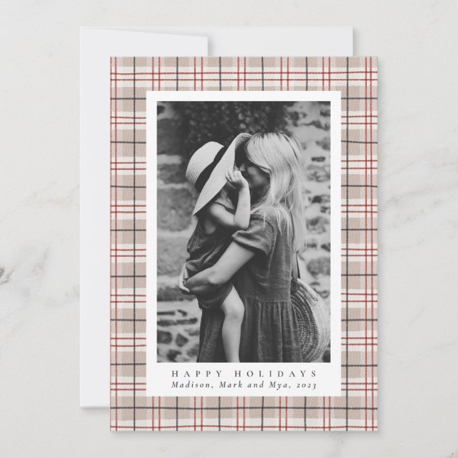 Classic Christmas Beige Plaid Photo Holiday Card (Front)