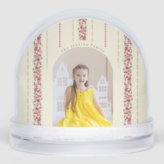 Classic Christmas Botanical Tapestry family Photo Snow Globe (Front)