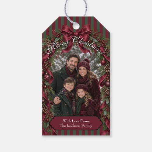 Classic Christmas Burgundy Bow & Garland Photo Gift Tags