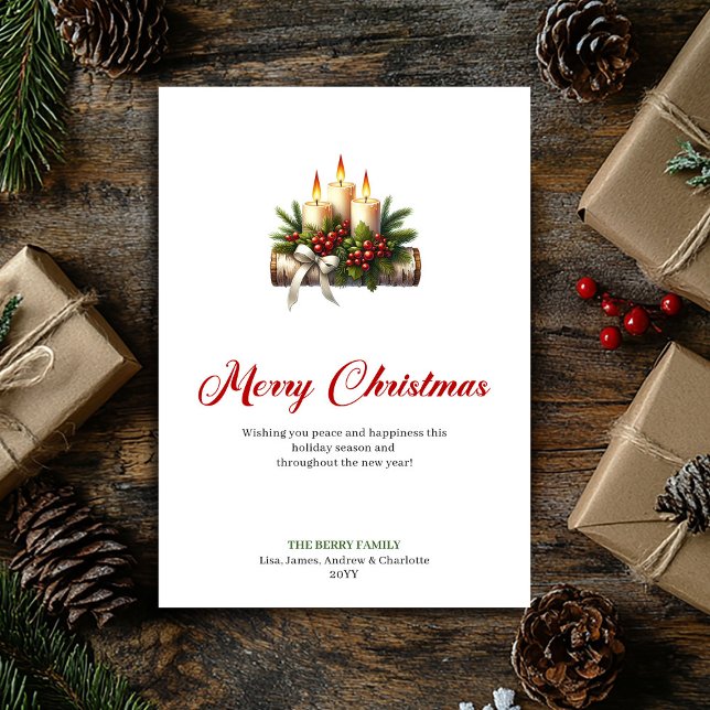 Classic Christmas candles pine greenery greeting Holiday Card (Classic Christmas candles pine greenery greeting)