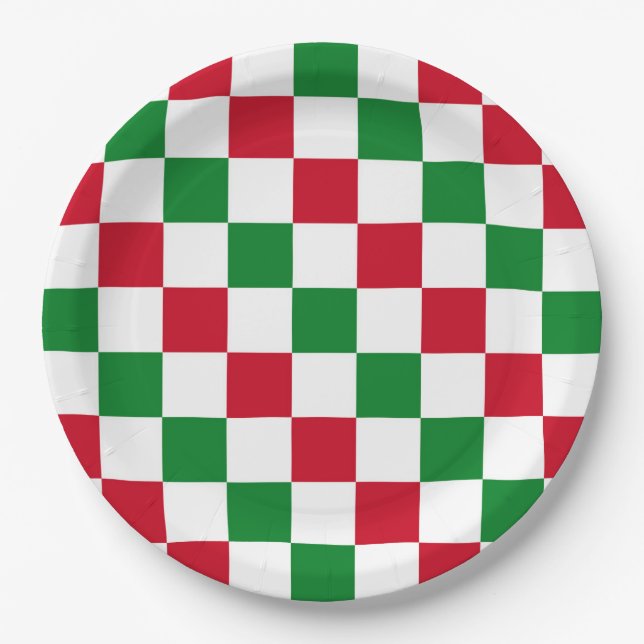 Classic Christmas Checkerboard Pattern Paper Plates (Front)