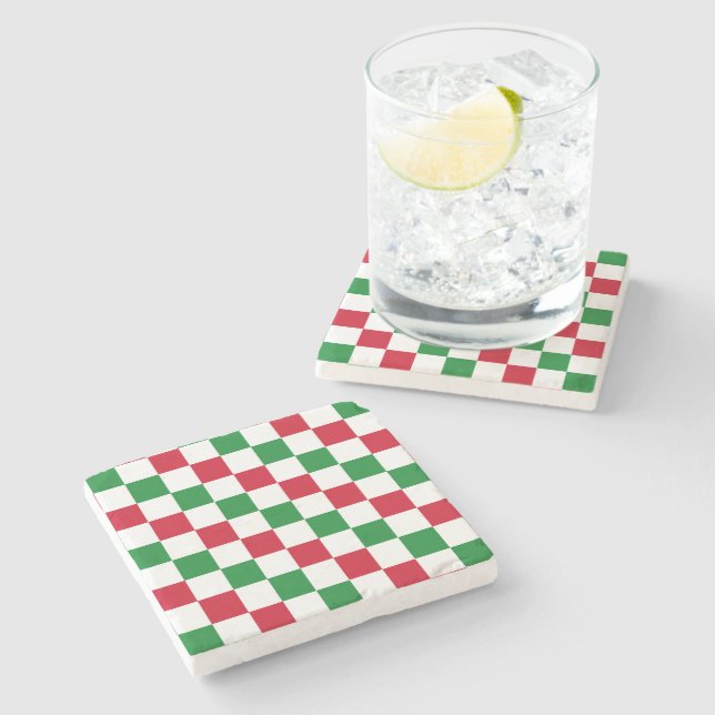 Classic Christmas Checkerboard Pattern Stone Coaster (Side)