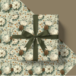 Classic Christmas Cream and Sage Green Floral Gift Wrapping Paper