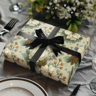 Classic Christmas Cream and Sage Green Floral Gift Wrapping Paper Sheets
