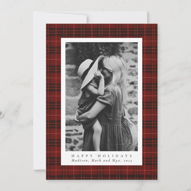 Classic Christmas Deep Red Plaid Photo Holiday Card (Front)