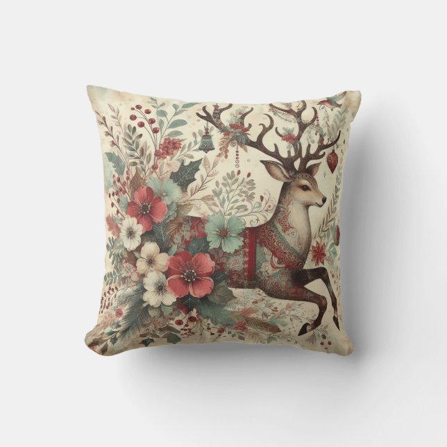 Classic Christmas Deer Throw Pillow (Front)