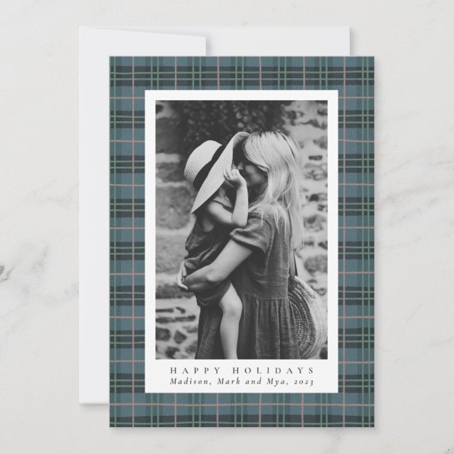 Classic Christmas Dusty Blue Plaid Photo Holiday Card (Front)