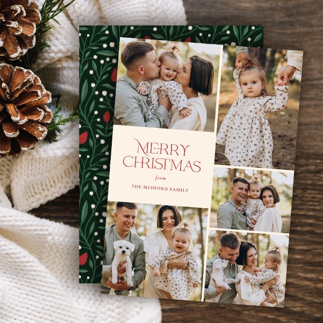 Classic Christmas Five Photo Floral Back | Ivory Holiday Card (Creator Uploaded)