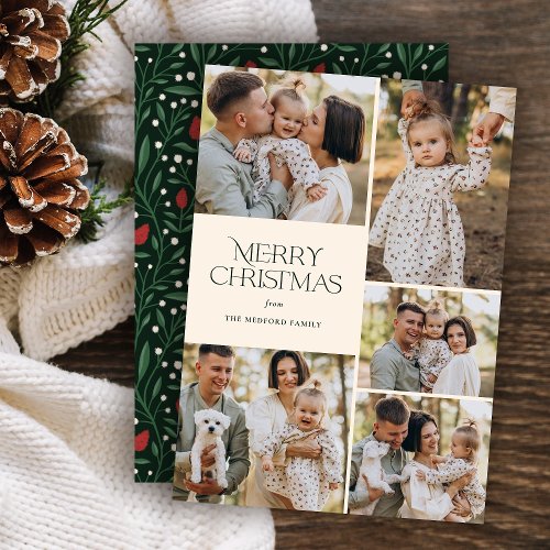 Classic Christmas Five Photo Floral Back  Ivory Holiday Card