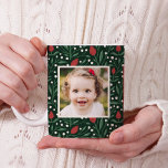 Classic Christmas Floral 2 Photo  Coffee Mug<br><div class="desc">This beautiful mug features a hand drawn floral pattern in traditional Christmas colors of red, green, and ivory over a dark green background. The style goes with many different decor themes - traditional, rustic, farmhouse, contemporary, and more. There are two photo templates, as well as text templates for personalization. Makes...</div>