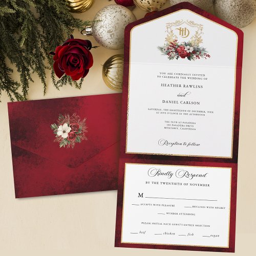 Classic Christmas Floral Crest Monogram Wedding All In One Invitation