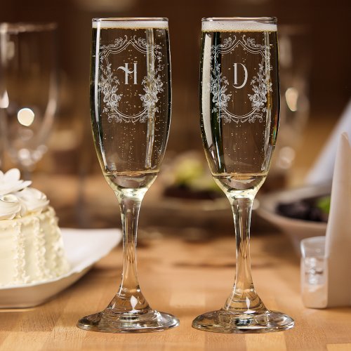 Classic Christmas Floral Crest Monogram Wedding Champagne Flute