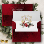 Classic Christmas Floral Crest Monogram Wedding Envelope<br><div class="desc">Timeless and elegant yet festive holiday-themed wedding design featuring classic hand-drawn gold floral crest accented by a colorful spray of red and white Christmas flowers and evergreens. This template includes editable text fields for your custom monogram with an opulent,  ruby red velvet texture background.</div>
