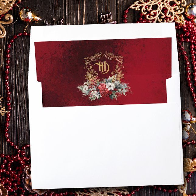 Classic Christmas Floral Crest Monogram Wedding Envelope Liner (Creator Uploaded)