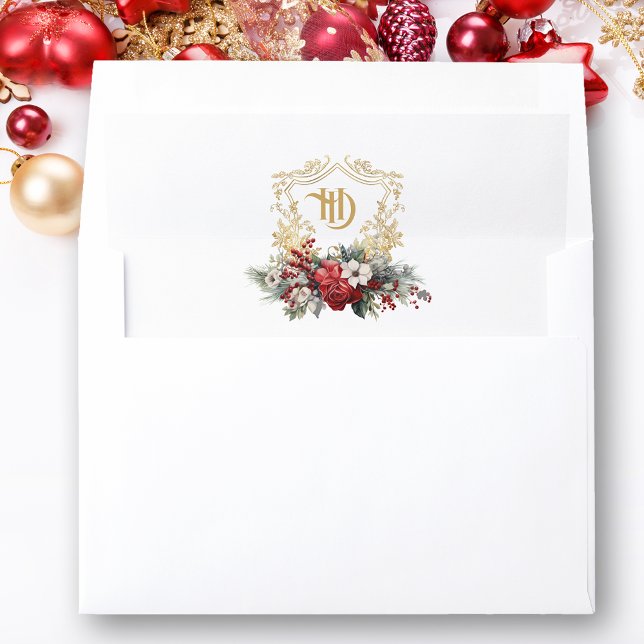Classic Christmas Floral Crest Monogram Wedding Envelope Liner (Creator Uploaded)