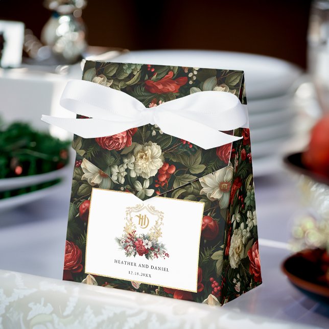 Classic Christmas Floral Crest Monogram Wedding Favor Boxes (Creator Uploaded)