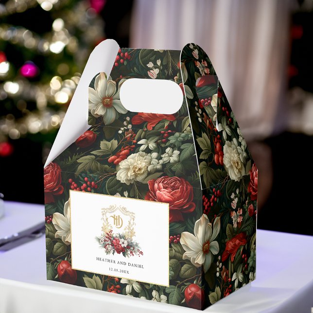 Classic Christmas Floral Crest Monogram Wedding Favor Boxes (Creator Uploaded)