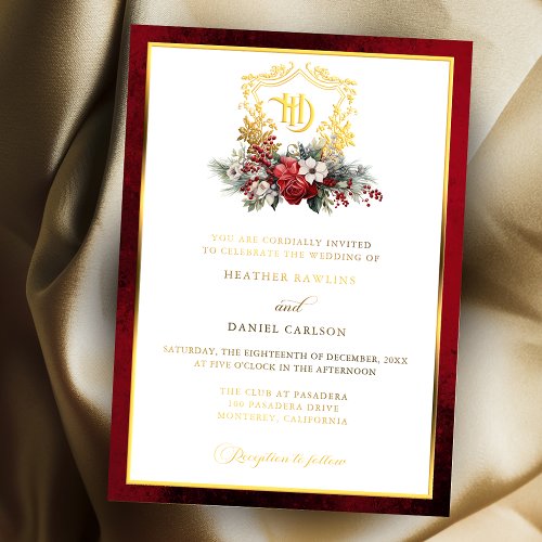 Classic Christmas Floral Crest Monogram Wedding Foil Invitation