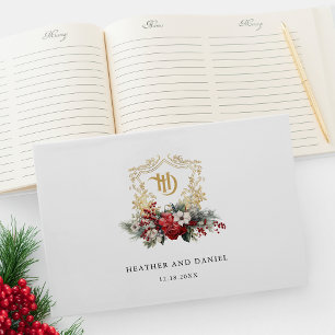 Classic Christmas Floral Crest Monogram Wedding Guest Book