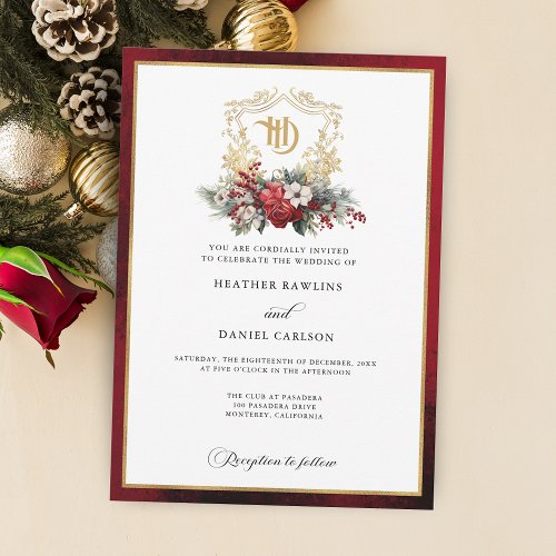 Classic Christmas Floral Crest Monogram Wedding Invitation