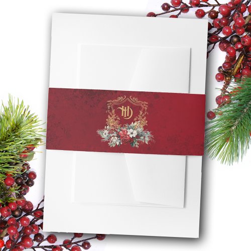 Classic Christmas Floral Crest Monogram Wedding Invitation Belly Band