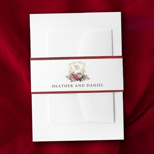 Classic Christmas Floral Crest Monogram Wedding Invitation Belly Band