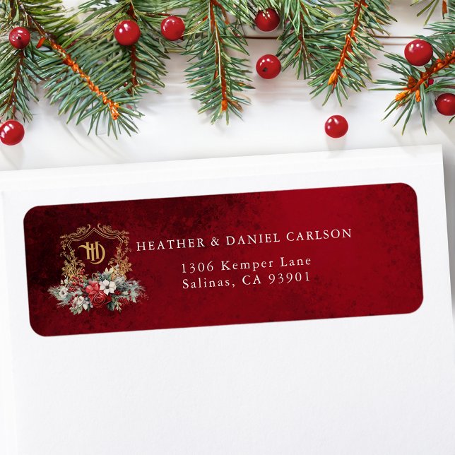 Classic Christmas Floral Crest Monogram Wedding Label (Creator Uploaded)