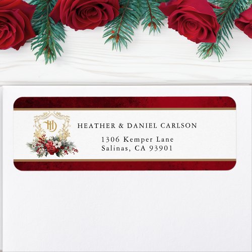 Classic Christmas Floral Crest Monogram Wedding Label