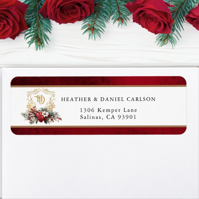 Classic Christmas Floral Crest Monogram Wedding Label (Creator Uploaded)