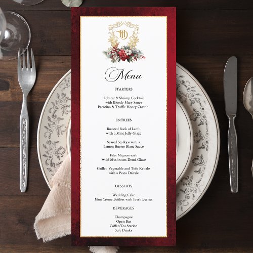 Classic Christmas Floral Crest Monogram Wedding Menu