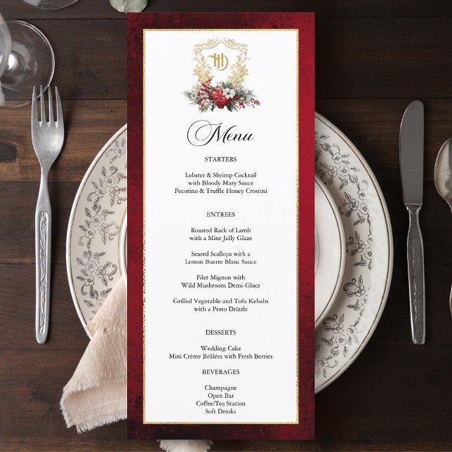 Classic Christmas Floral Crest Monogram Wedding Menu (Creator Uploaded)